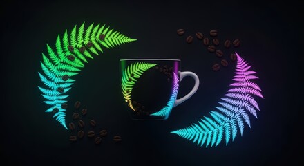 A coffee cup with neon ferns and coffee beans on a dark background in a studio setting