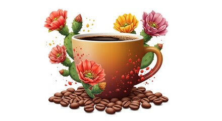 A cup of coffee surrounded by cactus flowers and beans on a white background illustration