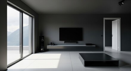 Fototapeta premium A modern, minimalist living room with a large television, speakers, and a coffee table, featuring a panoramic window with mountain views