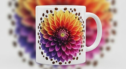A white mug with a colorful flower design and coffee bean accents on a plain white background image shot