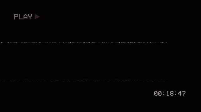 An old VHS playback on analog television, featuring PLAY text with noisy lines, time stamp and static glitches. 4K video.