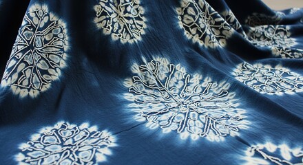 Shibori Textile: Indigo Dyed Fabric with Intricate Floral Resist