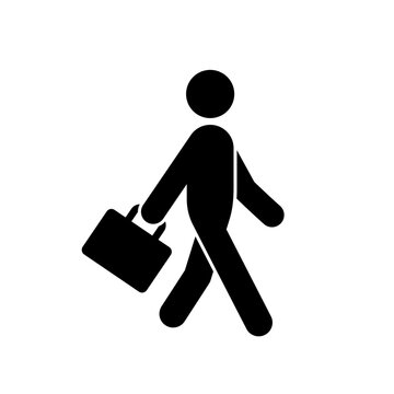 Black color business pictogram. Person walking with briefcase.