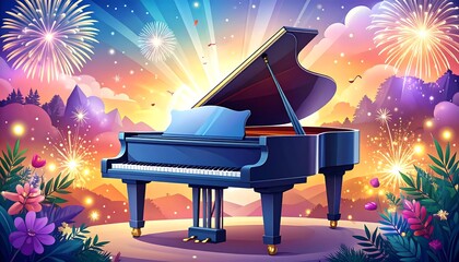 Grand piano on a hilltop, fireworks display