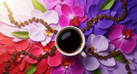 A cup of black coffee surrounded by colorful orchids and a border of coffee beans artfully arranged