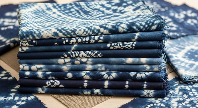Stack of Indigo Dyed Fabrics with Unique Shibori Patterns and Te