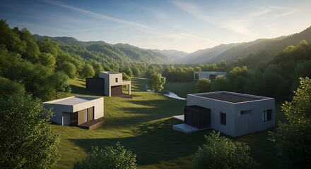 Modern concrete homes nestled in a valley amongst lush greenery, bathed in the soft morning light.