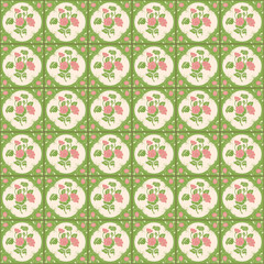 Flat Pastel Green Color Nyonya Floral Tile Seamless Pattern