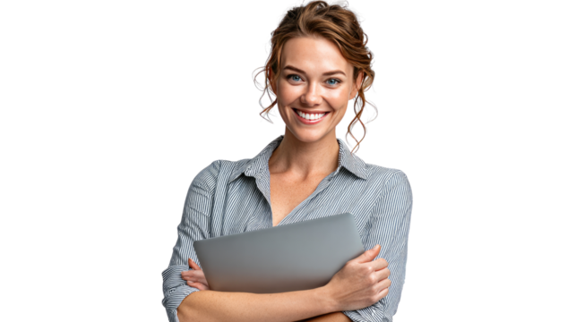 Confident Woman with Laptop: A dynamic young woman, embodying both professional elegance and confident radiance, holds a laptop, radiating empowerment and representing the future of work. 