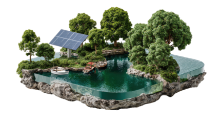 Sustainable Green Energy Oasis: A meticulously crafted miniature landscape showcases an idyllic eco-friendly sanctuary, highlighting the synergy of nature and renewable energy through solar panel.