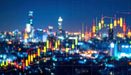 City skyline at night overlaid with financial charts