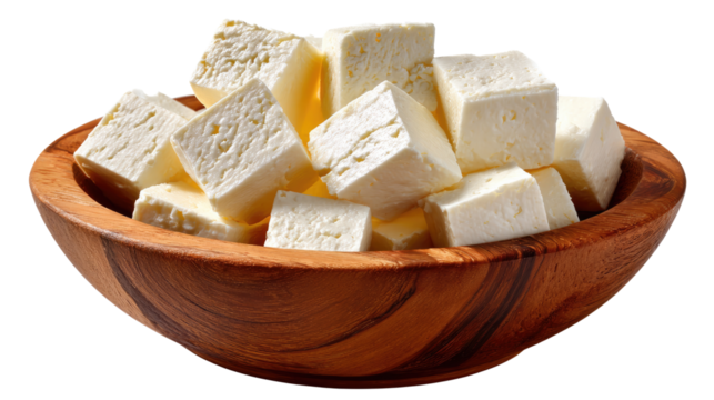 Cubes of Paneer in a Wooden Bowl: A close-up shot displays a beautiful arrangement of square paneer cubes nestled within a warm, wooden bowl, presenting a tantalizing look at a fresh, creamy.