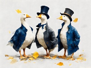 Three elegant geese wea top hats and suits stand proudly amidst fallen leaves in a watercolor painting.