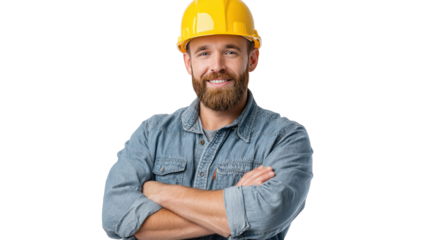 Confident Construction Worker: A seasoned construction worker exudes confidence and expertise. Standing with arms crossed, the man wears a hard hat and a work shirt, a symbol of reliability and skill.