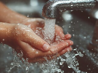 Fototapeta premium A child is washing their hands under running water from a shiny metal faucet to maintain hygiene at home.