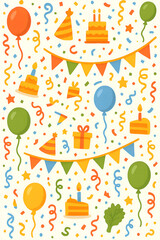 Bright and fun party decorations including balloons, confetti, garlands, and festive icons, perfect for celebration design.