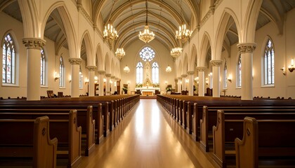 Interior view of a grand church nave with rows of pews and ornate architecture