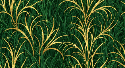 Abstract Pattern Of Golden Grass Blades On Dark Green Background