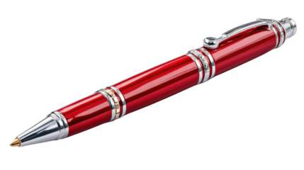 Elegant Red Pen: A sleek, red pen with silver accents, symbolizing professionalism, creativity, and precision, resting elegantly on display, ready for action.