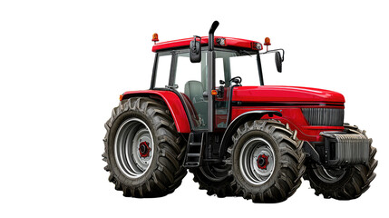 Obraz premium Red Tractor: A powerful red tractor, a symbol of agricultural efficiency, stands ready, its sturdy tires prepared to cultivate fields, embodying the spirit of rural life.