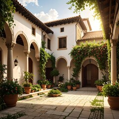 Naklejka premium A sun-drenched courtyard, featuring arches, lush greenery, and terracotta pots, exudes tranquility and classic architectural beauty.