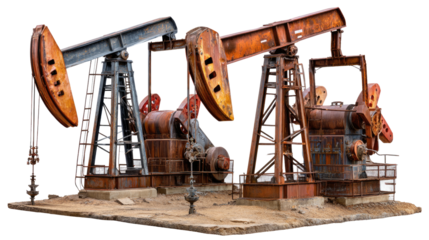 Industrial Harmony: A close-up view of two operational oil pumps against a muted background, evoking a sense of industrial functionality and the relentless pursuit of resources.