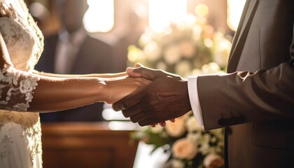 Interracial couple holding hands during their wedding ceremony, celebrating love