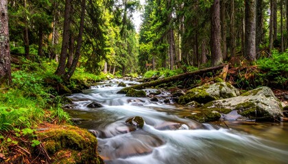Lush mountain stream flowing through a dense forest