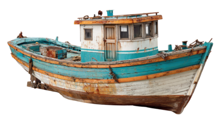 Weathered Fishing Boat: A charmingly aged fishing boat, with its peeling paint and nautical character, rests peacefully, embodying tales of sea voyages and maritime history.