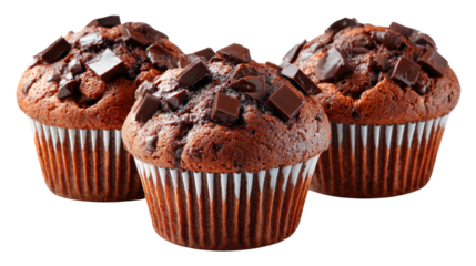 Sweet Chocolate Muffins: Indulge in the rich delight of three delectable chocolate muffins, each crowned with generous chunks, evoking a sense of pure and tasty temptation.