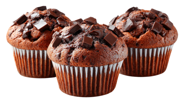 Sweet Chocolate Muffins: Indulge in the rich delight of three delectable chocolate muffins, each crowned with generous chunks, evoking a sense of pure and tasty temptation. - Powered by Adobe