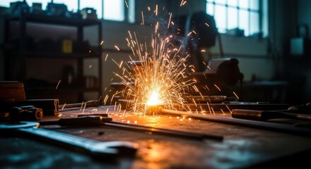 Welding sparks flying in a workshop with tools on a workbench indoors