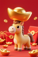 The cute little golden horse is adorned with a red New Year element background of golden ingots on its head