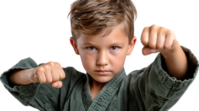 Youthful Martial Arts Prowess: A determined young martial artist, clad in traditional attire, embodies strength and focus, ready to unleash disciplined skills with precision and power.