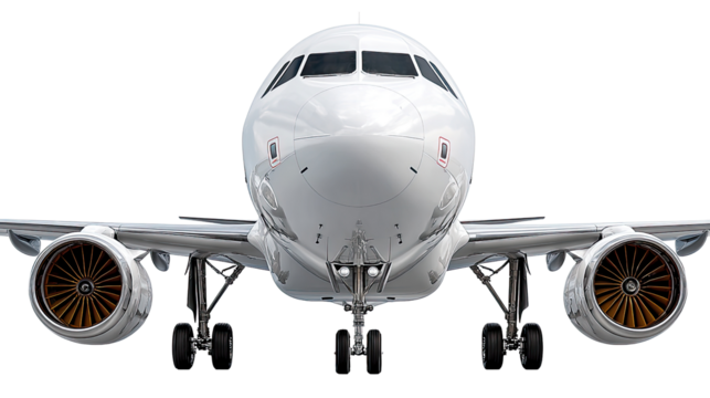 Aviation Marvel: A front view of a sleek, modern passenger airplane with its landing gear extended, poised for flight, a testament to engineering and the thrill of air travel.