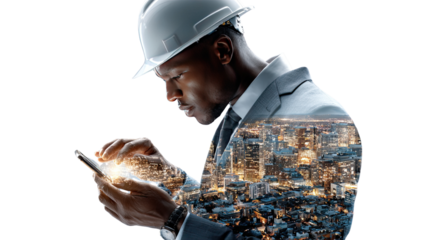Engineer's Vision: An engineer, wearing a hardhat, intently studies a tablet, a cityscape seamlessly integrated into his silhouette, symbolizing innovation, and expertise.