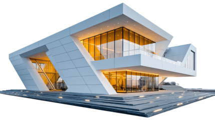 Architectural Marvel: Modern building design featuring a futuristic, geometric facade, the spacious windows offering a captivating view of the cityscape.