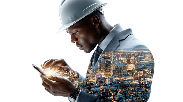Engineer's Vision: An engineer, wearing a hardhat, intently studies a tablet, a cityscape seamlessly integrated into his silhouette, symbolizing innovation, and expertise.
