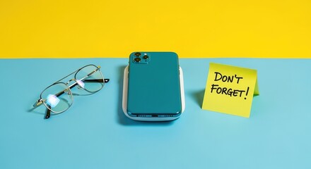 Teal Phone on Charger with Glasses and Reminder Note on Two-Tone