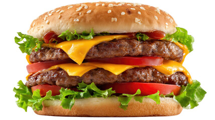 Double Decker Burger: A mouthwatering depiction of a delectable double-decker burger. The vibrant colors of fresh ingredients: burger, cheese, tomatoes, and lettuce, create a feast for the eyes.