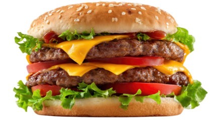 Double Decker Burger: A mouthwatering depiction of a delectable double-decker burger. The vibrant colors of fresh ingredients: burger, cheese, tomatoes, and lettuce, create a feast for the eyes.