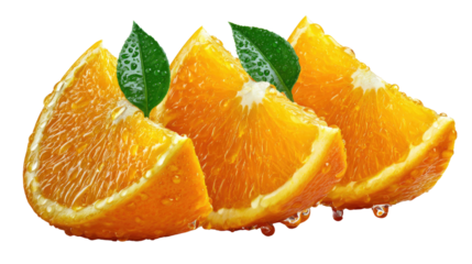 Vibrant Orange Wedges: Captivating close-up of juicy, fresh orange wedges, adorned with verdant leaves and glistening water droplets. A culinary masterpiece capturing the freshness of citrus fruit.