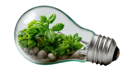 Eco-Friendly Illumination: A luminous idea blossoms with vibrant green plants thriving within a glass lightbulb, symbolizing eco-consciousness and sustainable living.