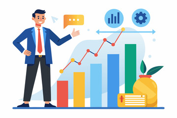 Flat vector icon of a business trainer giving a financial presentation with a dollar sign on a board in front of an audience. Perfect for illustrating concepts such as business training, investment ed