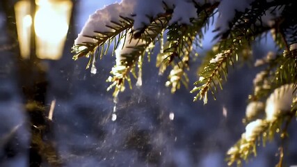 Snow-covered evergreen branches glisten as snow and water droplets fall, beautifully backlit by a warm, blurred street lamp on a tranquil winter evening. - Powered by Adobe