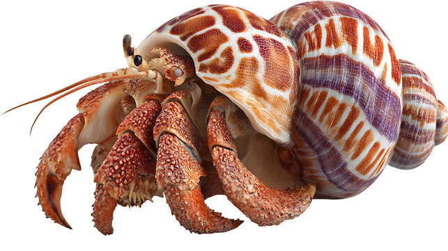 Hermit crab occupies a spiraled shell isolated on white