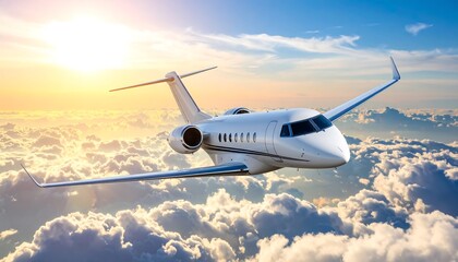 Obraz premium Luxurious Jet Soaring Above the Clouds at Sunrise with Travel and Aviation Concept.