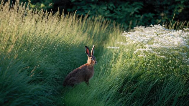 Wildlife hare and rabbit foraging in wildflower meadow and tall grass, soft light sunrise summer nature, mammal in serene green field