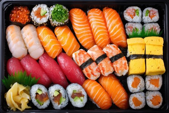 Assorted sushi and nigiri in black takeout tray
