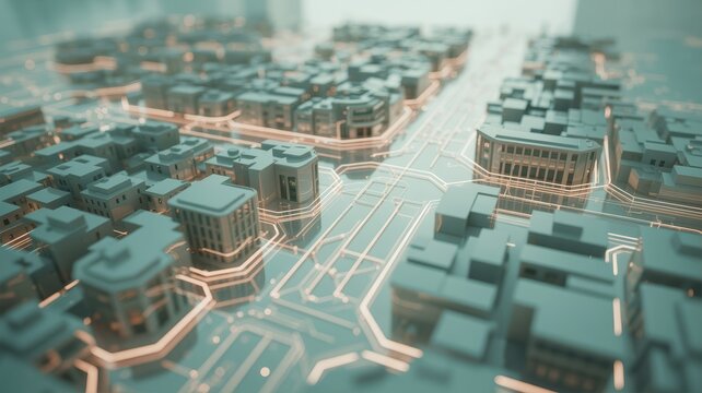 Futuristic city model showcasing innovation and connectivity with glowing lines, perfect for urban planning and technology concepts